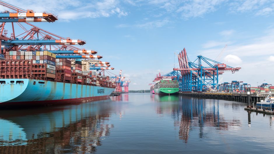 Container terminal with cranes and stacked boxes
